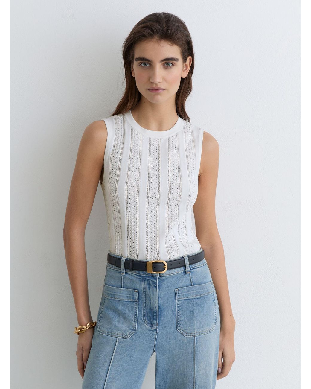 Reiss Blue Pointelle-Knit Crew-Neck Tank Top
