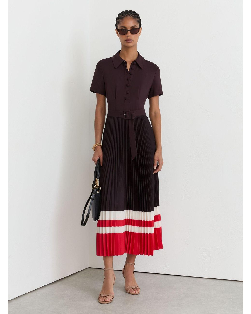 Reiss White Striped-Hem Pleated Midi Dress