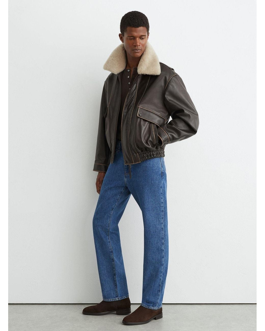 Reiss Blue Leather Shearling-Collar Aviator Jacket for men