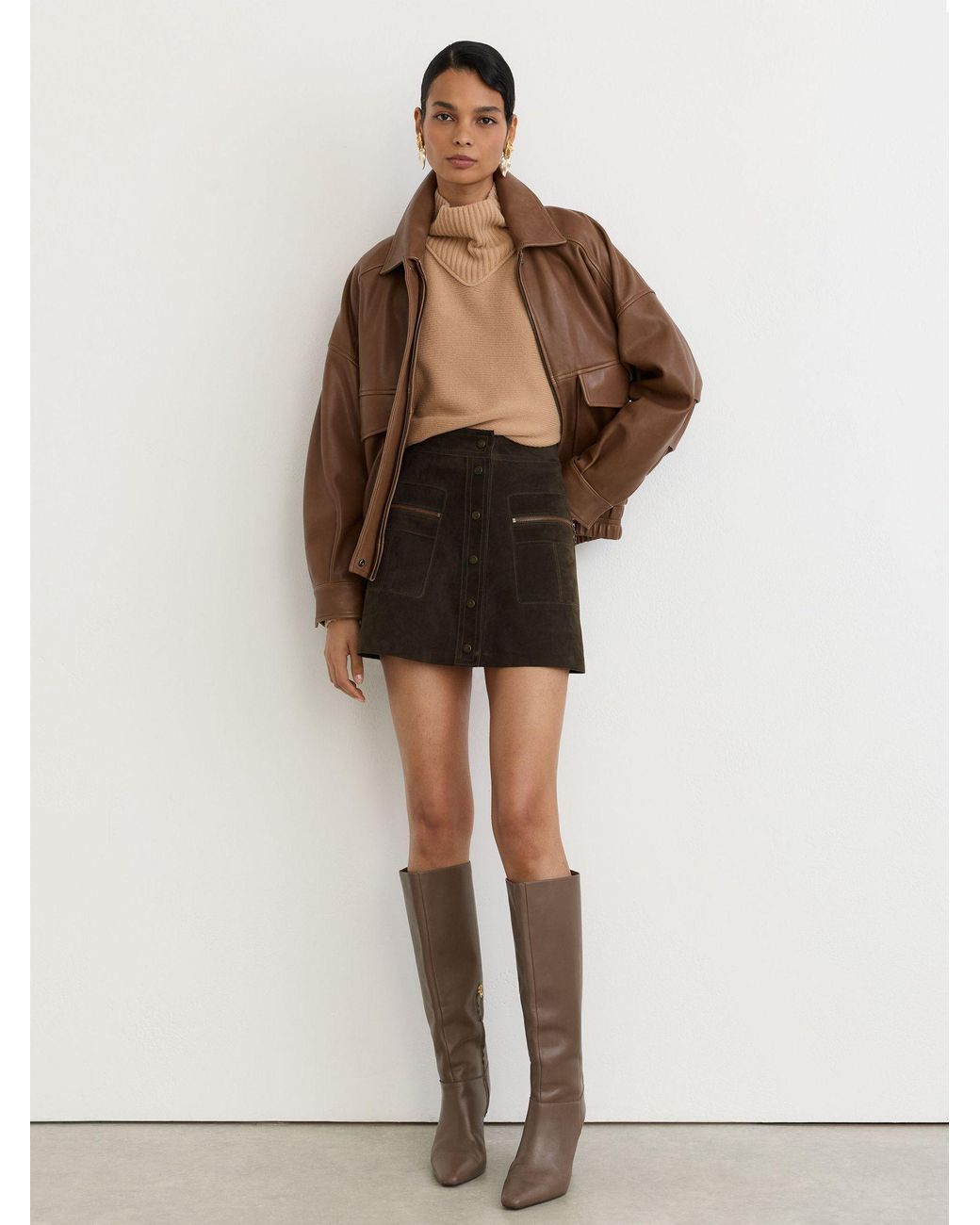 Reiss Black Suede Zip-Pocket Mini Skirt
