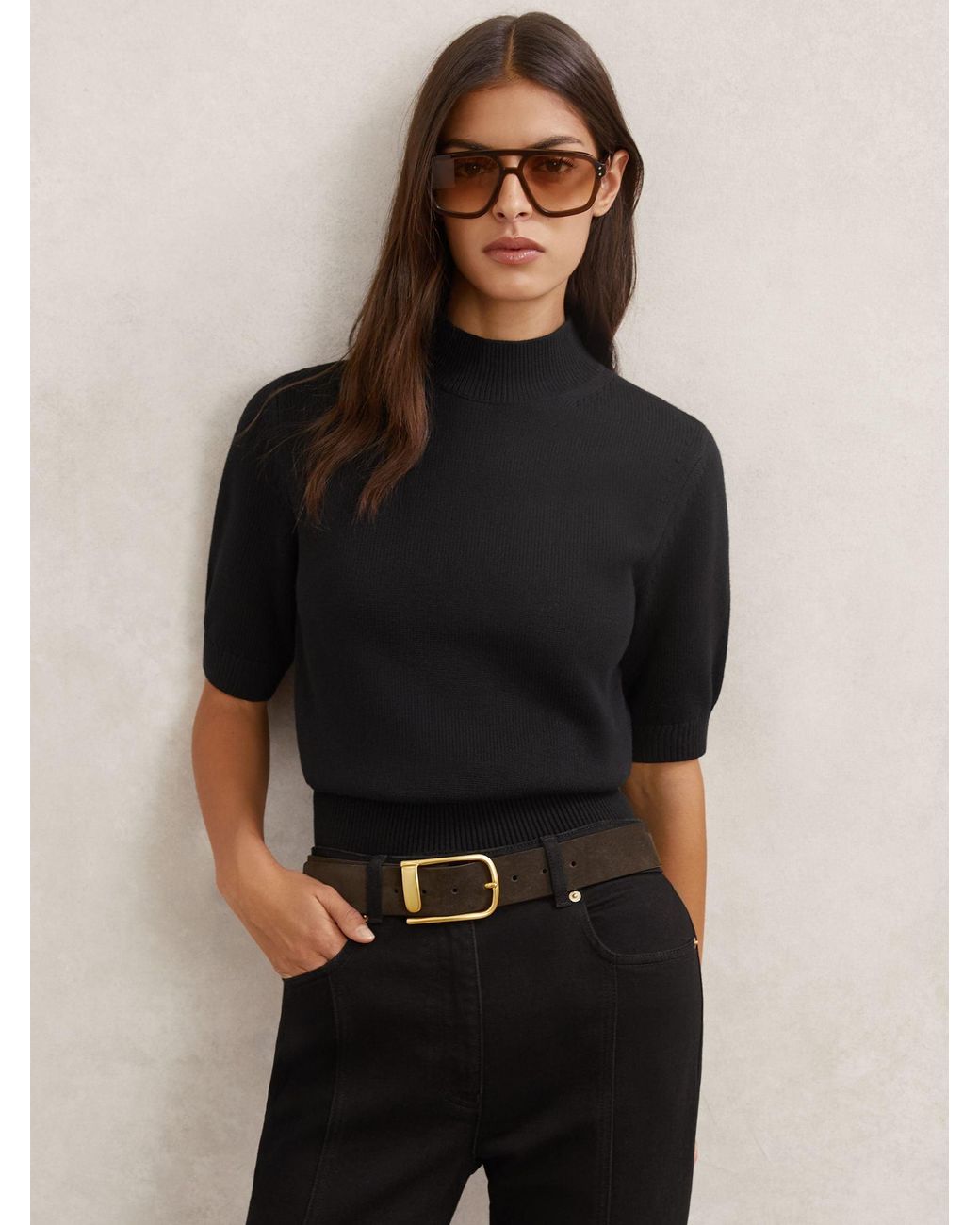 Reiss Black Cotton And Wool Funnel-Neck Knit Top