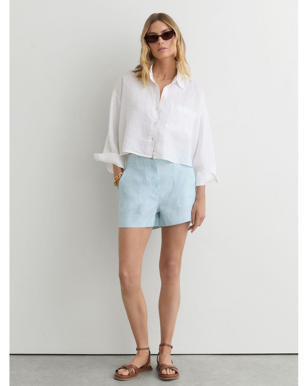 Reiss White Ashby - Light Blue Linen Chambray Shorts, Us 14 Regular