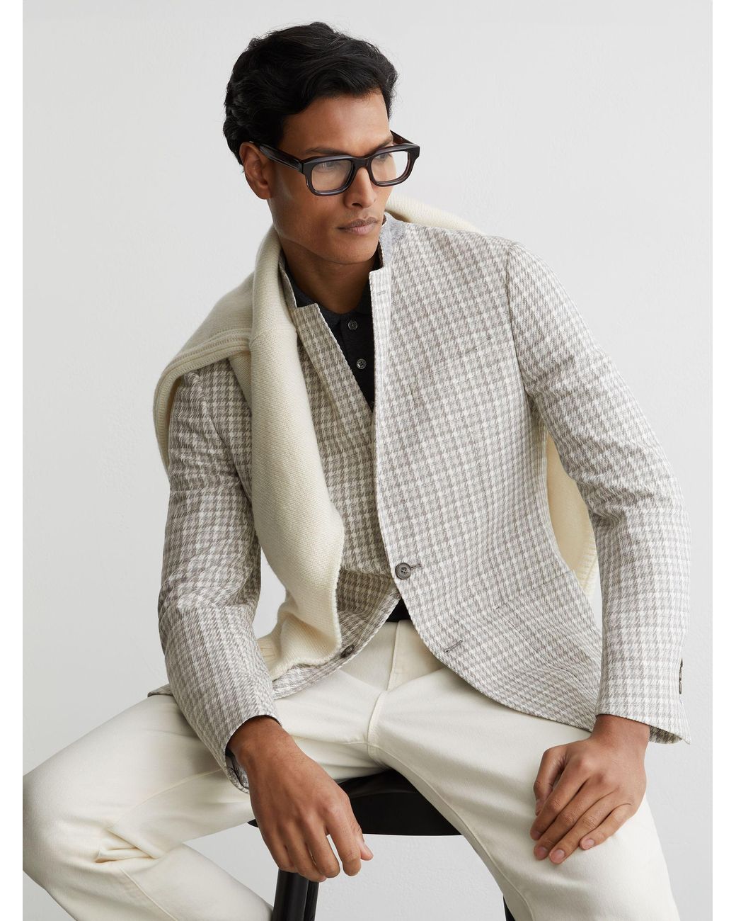 Reiss White Canty - Soft Grey Houndstooth Single-breasted Blazer Tailored-fit, Us 42 for men