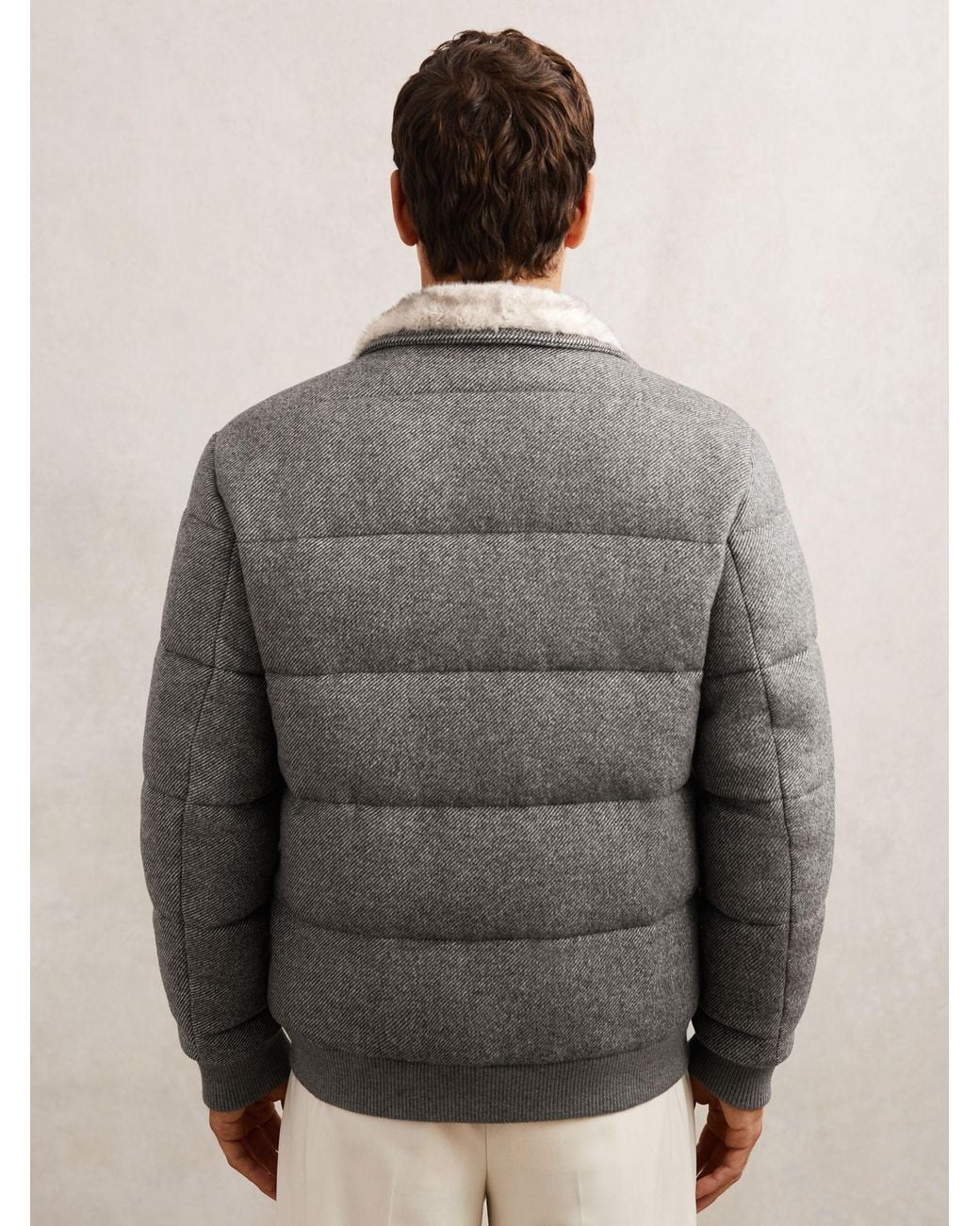 Reiss Gray Faux-Fur Collar Quilted Puffer Jacket for men