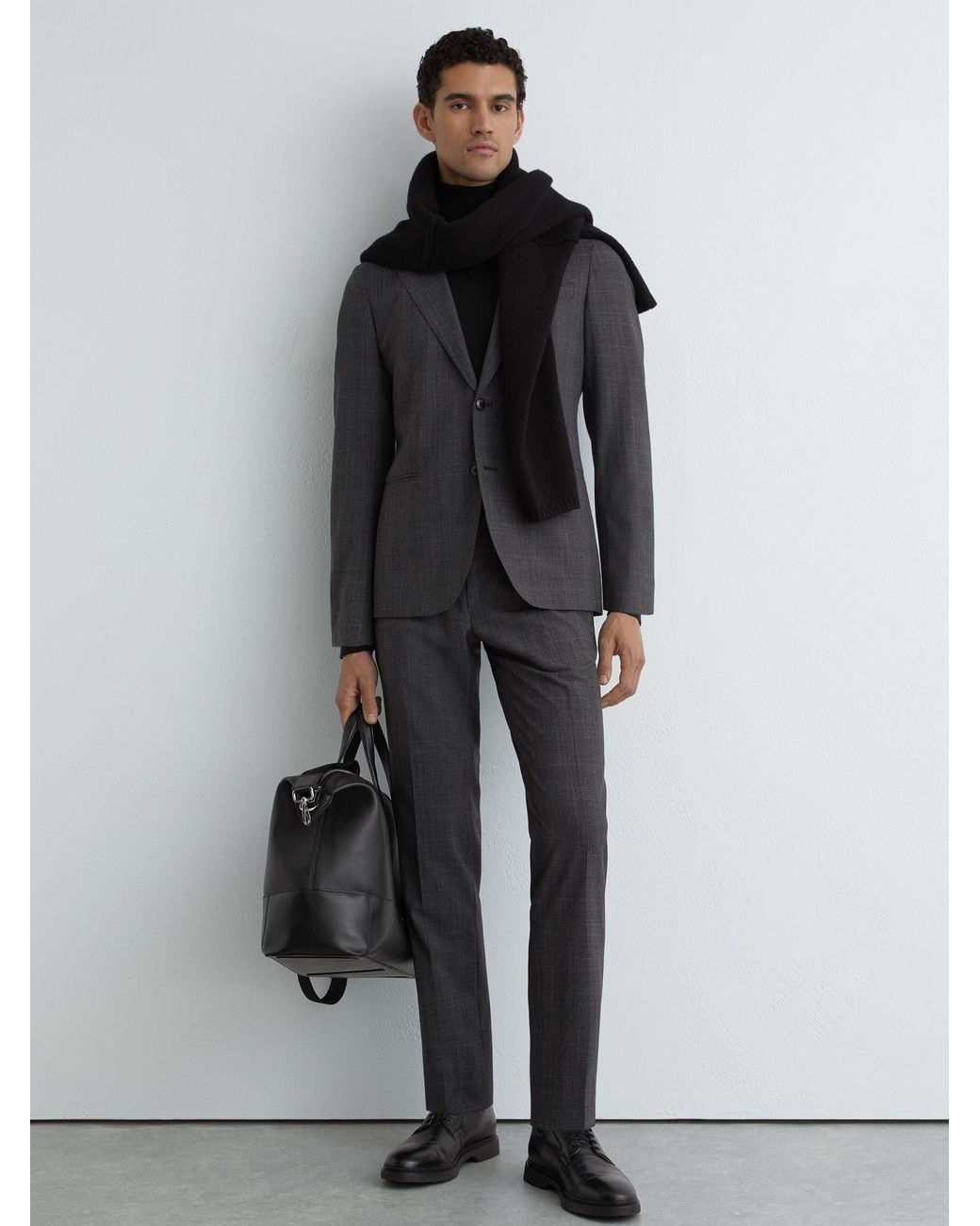 Reiss Gray Venue - Charcoal Grey Tailored Fit Wool-blend Check Suit Trousers, 32 for men