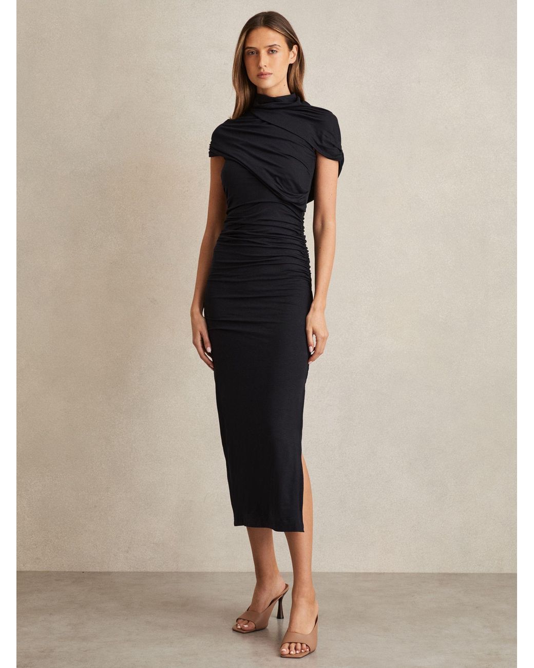 Reiss Natural Stretch-Lyocell Ruched Midi Dress