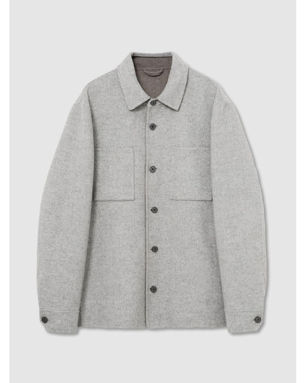 Reiss Gray Soft Gano Wool-Blend Herringbone Blind-Seam Overshirt for men
