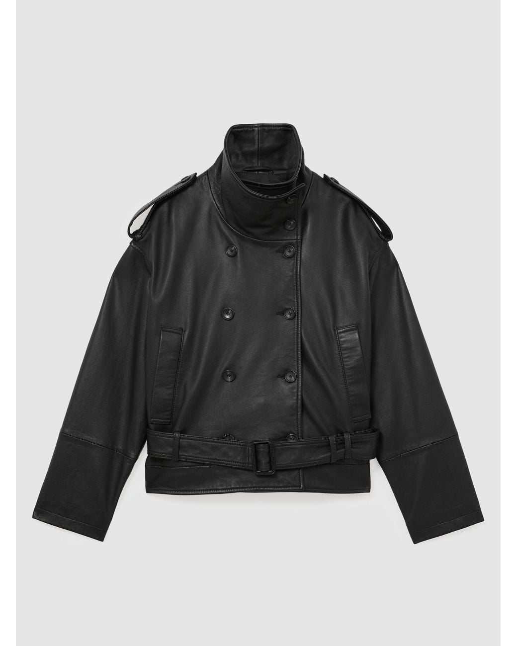 Reiss Gray Leather Belted Double-Breasted Jacket
