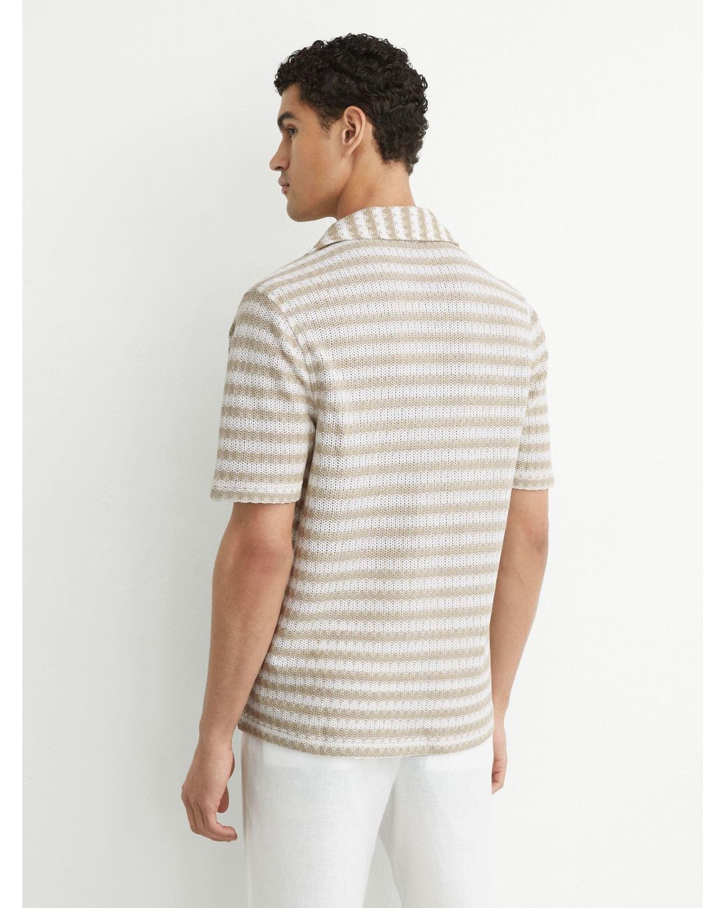 Reiss White Oatmeal Striped Crochet Cuban-Collar Shirt for men