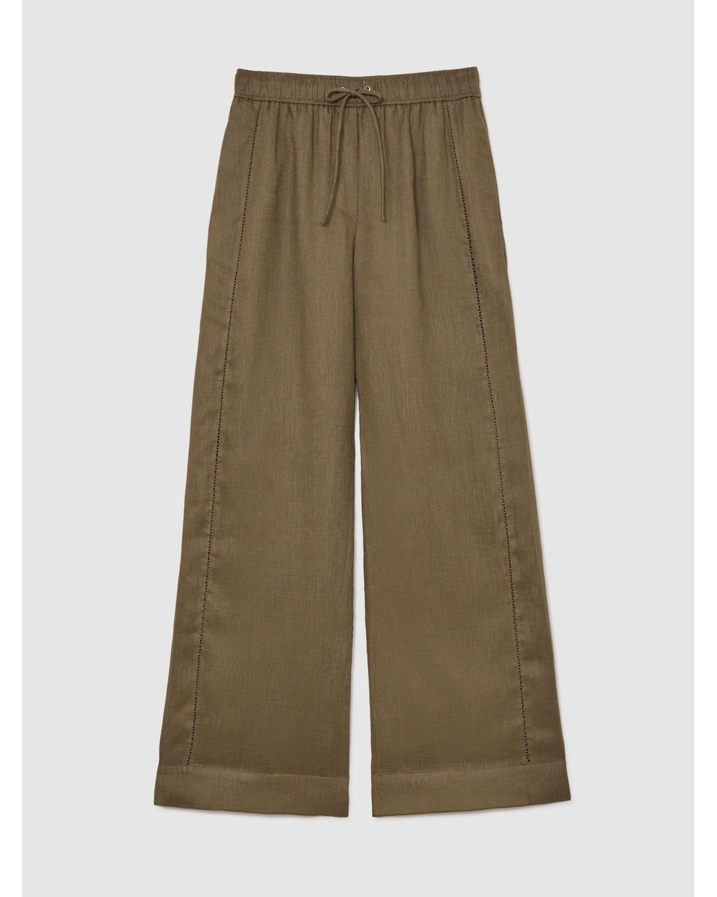 Reiss Multicolor Riley - Khaki Green Linen Ladder-embroidery Wide-leg Trousers, Us 14 Regular