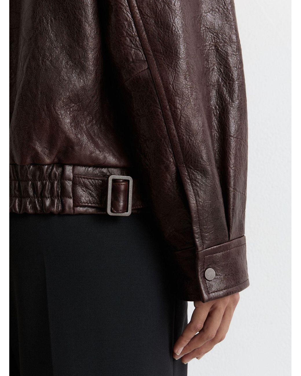 Reiss Brown Aubergine Petra Textured Leather Oversized Jacket