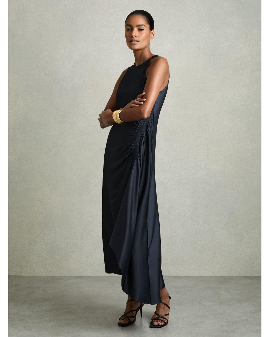 Reiss Anessa - Navy Petite Satin Shirred Midi Dress, Us 10 in Blue | Lyst