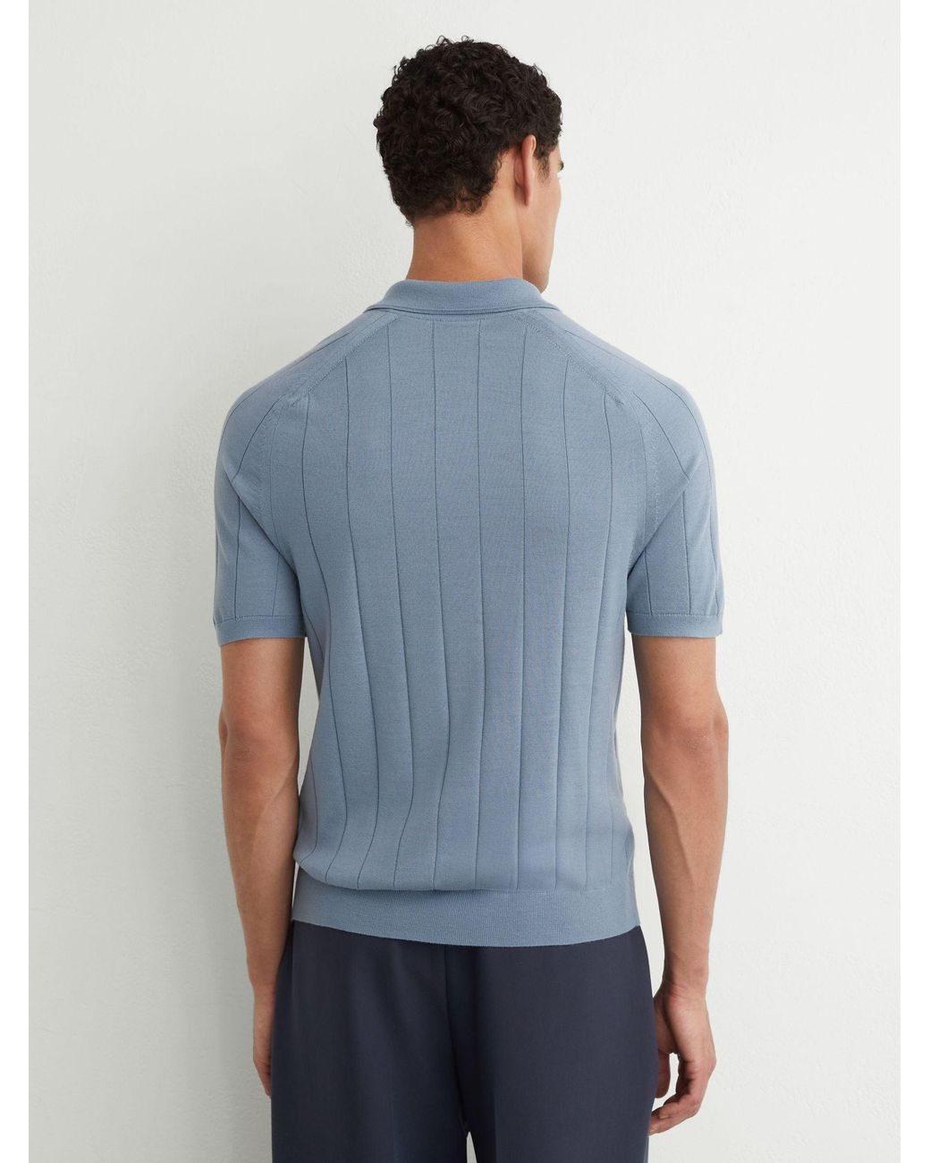 Reiss Blue Merino Wool Wide-Rib Polo Jumper for men