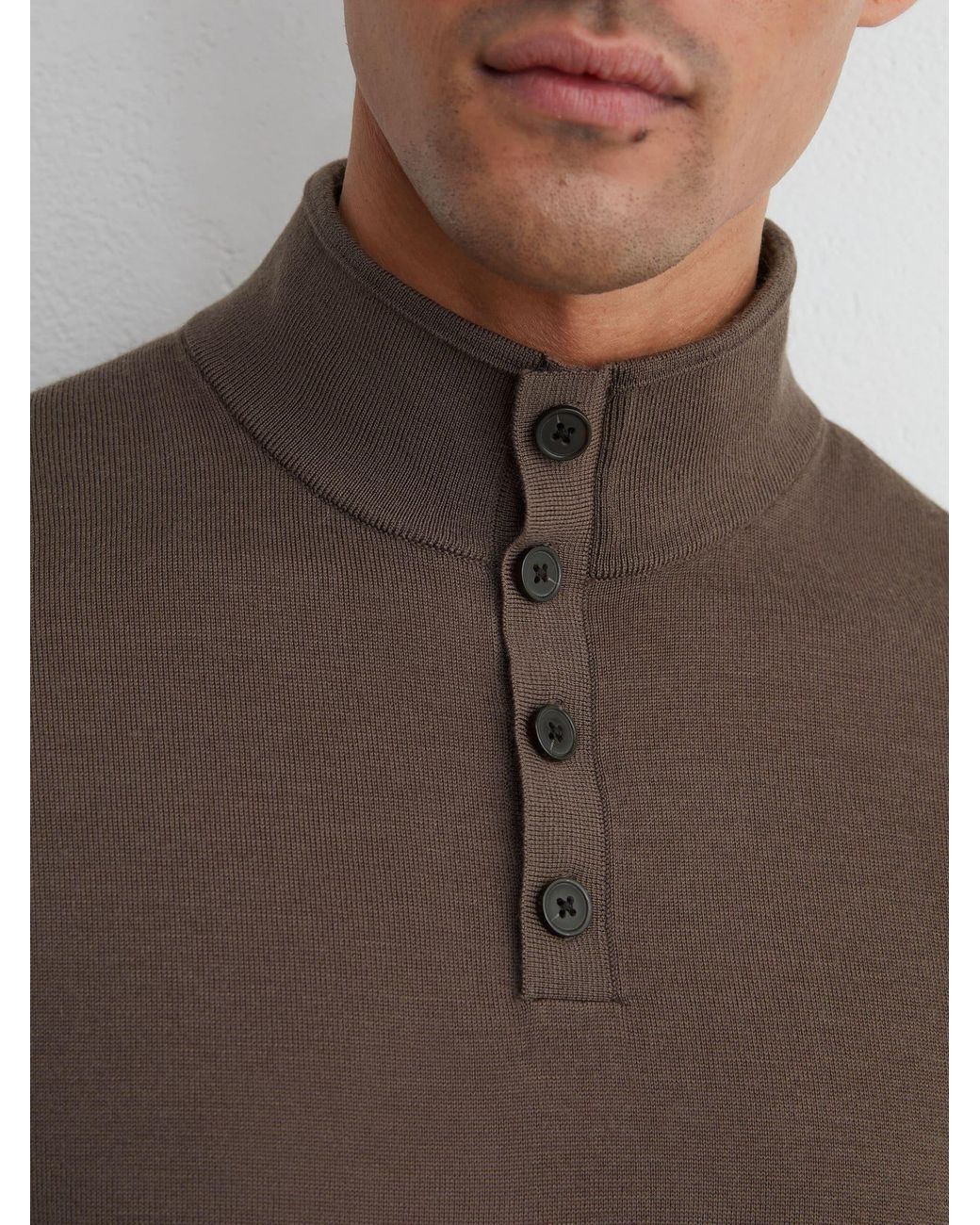 Reiss Brown Merino Wool Funnel-Neck Half-Button Jumper for men