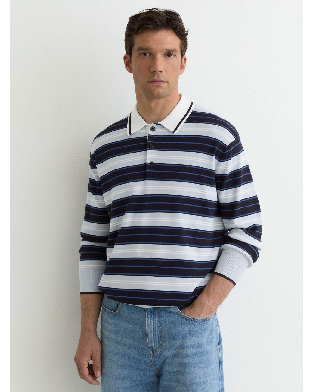 Reiss Blue Rugby-Stripe Half-Button Jumper for men