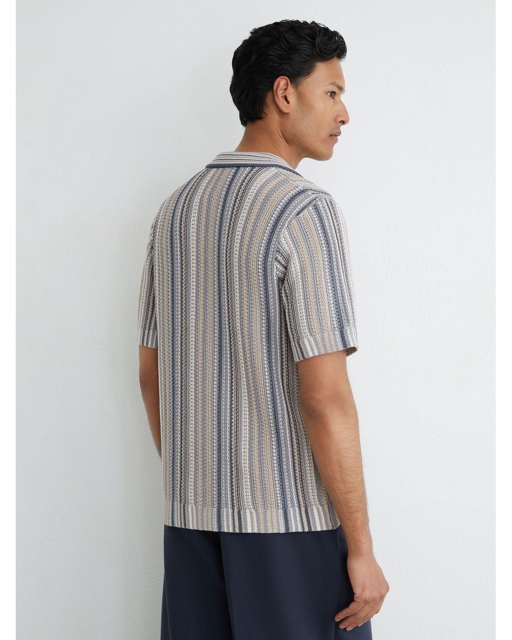 Reiss Gray Camel Striped Knit Cuban-Collar Shirt for men