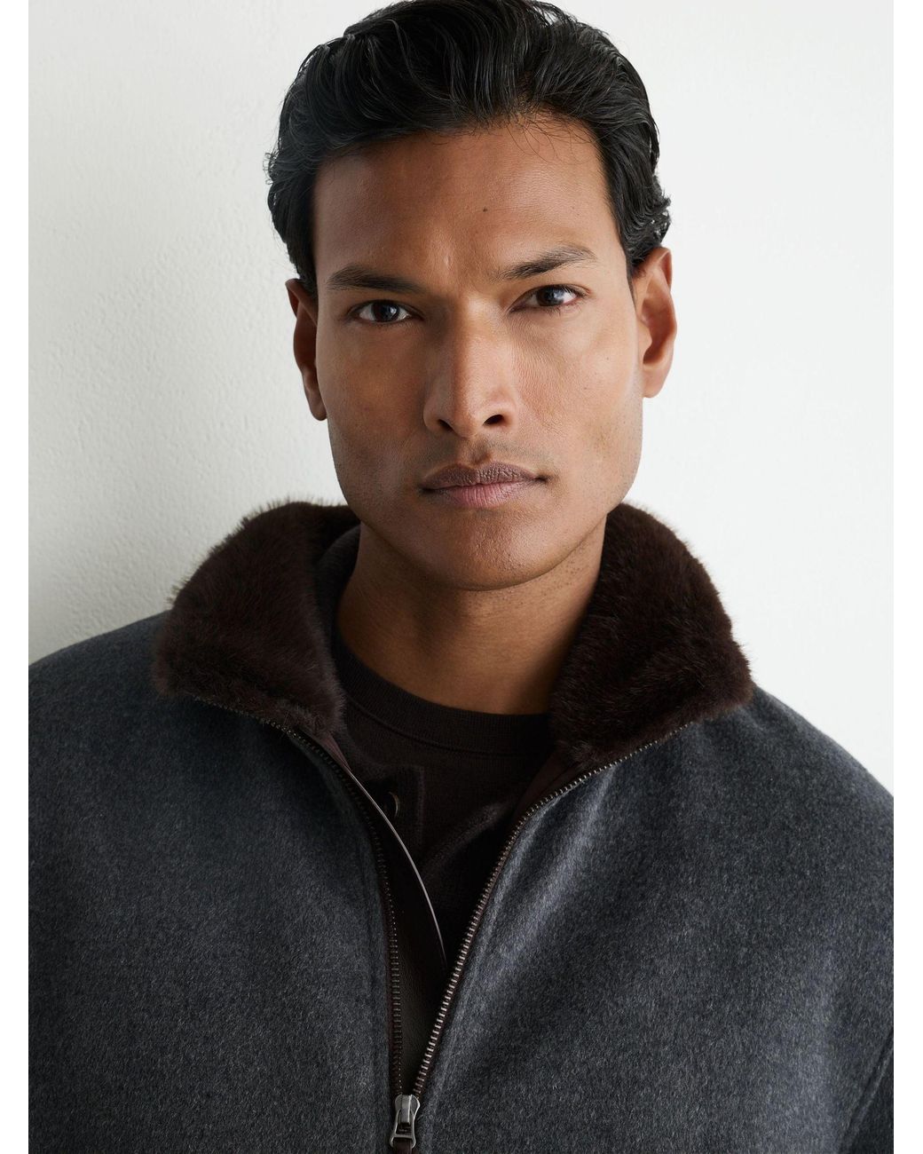 Reiss Black Wool-Blend Faux-Fur Trim Funnel Jacket for men