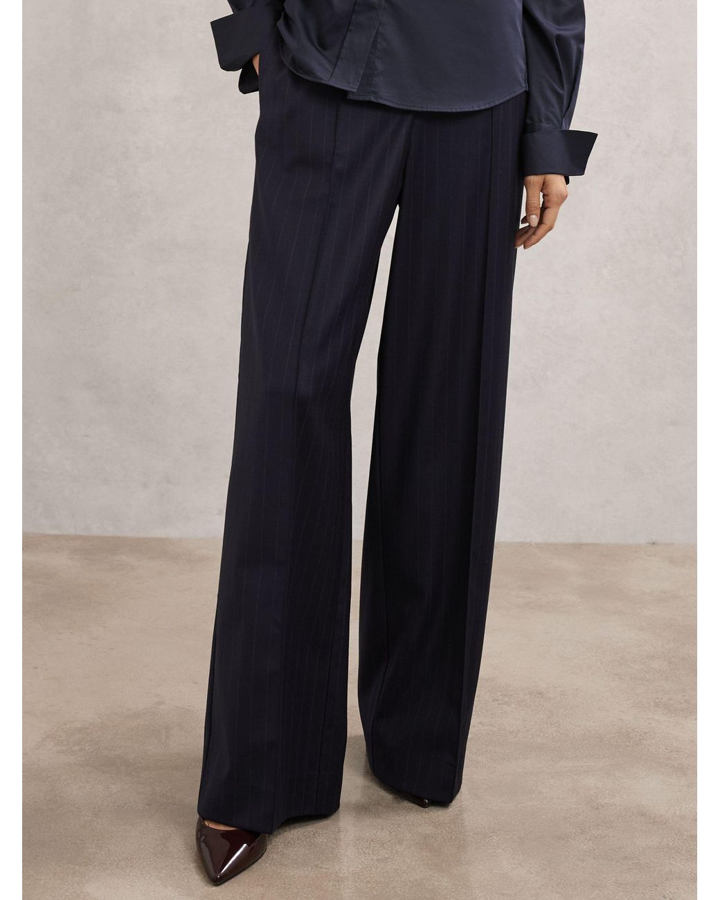 Reiss Blue Wool-Blend Pinstripe Wide-Leg Trousers