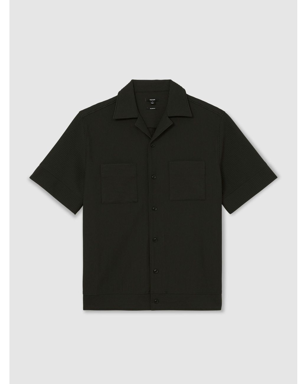 Reiss Black Ribbed Cuban-Collar Shirt for men