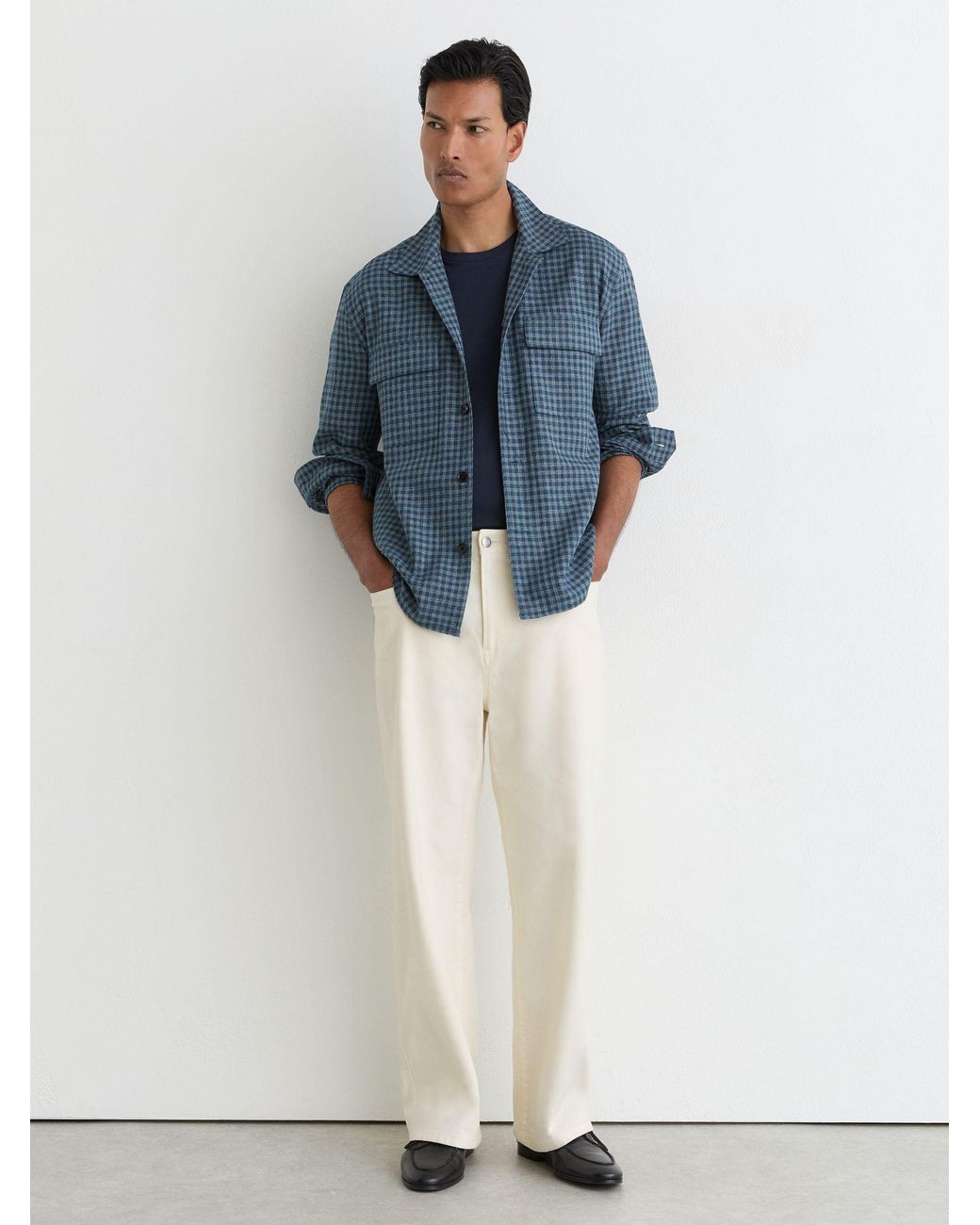 Reiss Blue Cotton-Linen Checked Overshirt for men