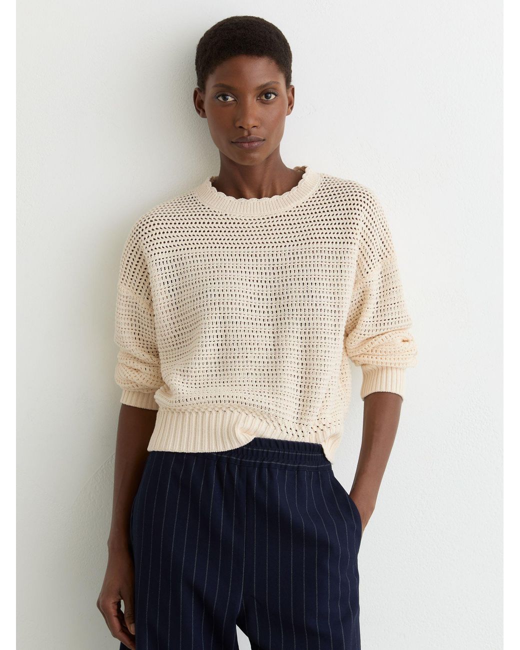 Reiss White Bonnie - Neutral Cotton Open-stitch Crew-neck Jumper, L (us 12-14)