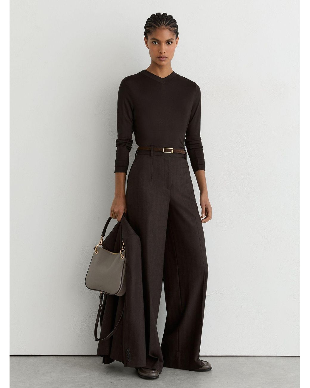 Reiss Black High V-Neck Long-Sleeve Top
