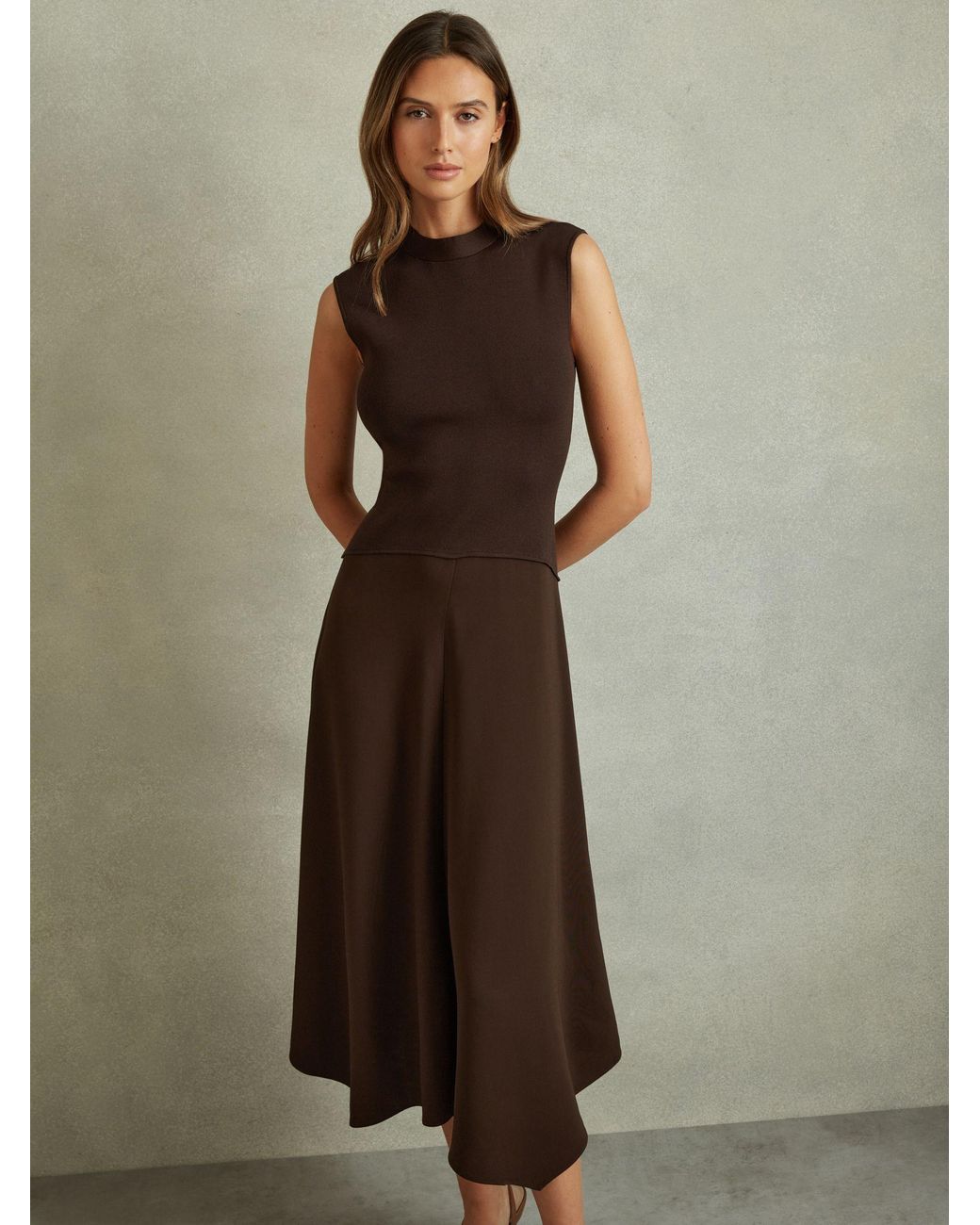 Reiss Lani - Chocolate Hybrid Knit Tie Back Midi Dress, S in