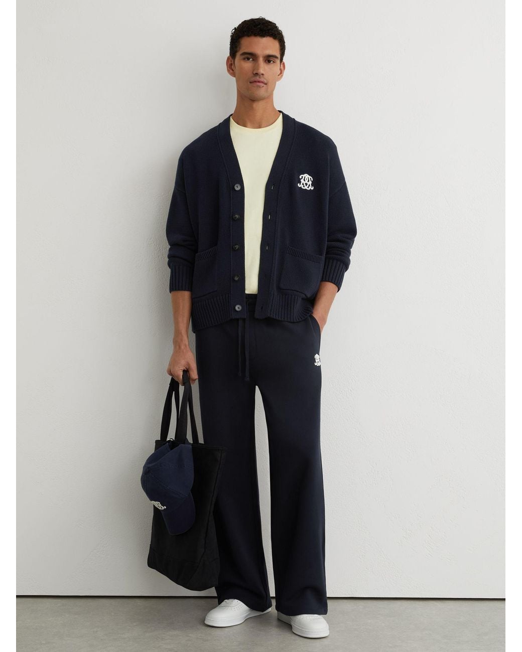 Reiss Blue Monogram-Embroidered Relaxed Cardigan for men
