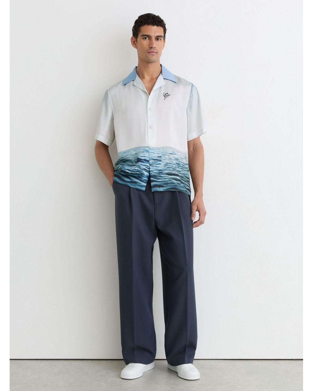 Reiss White Print Cuban-Collar Shirt for men