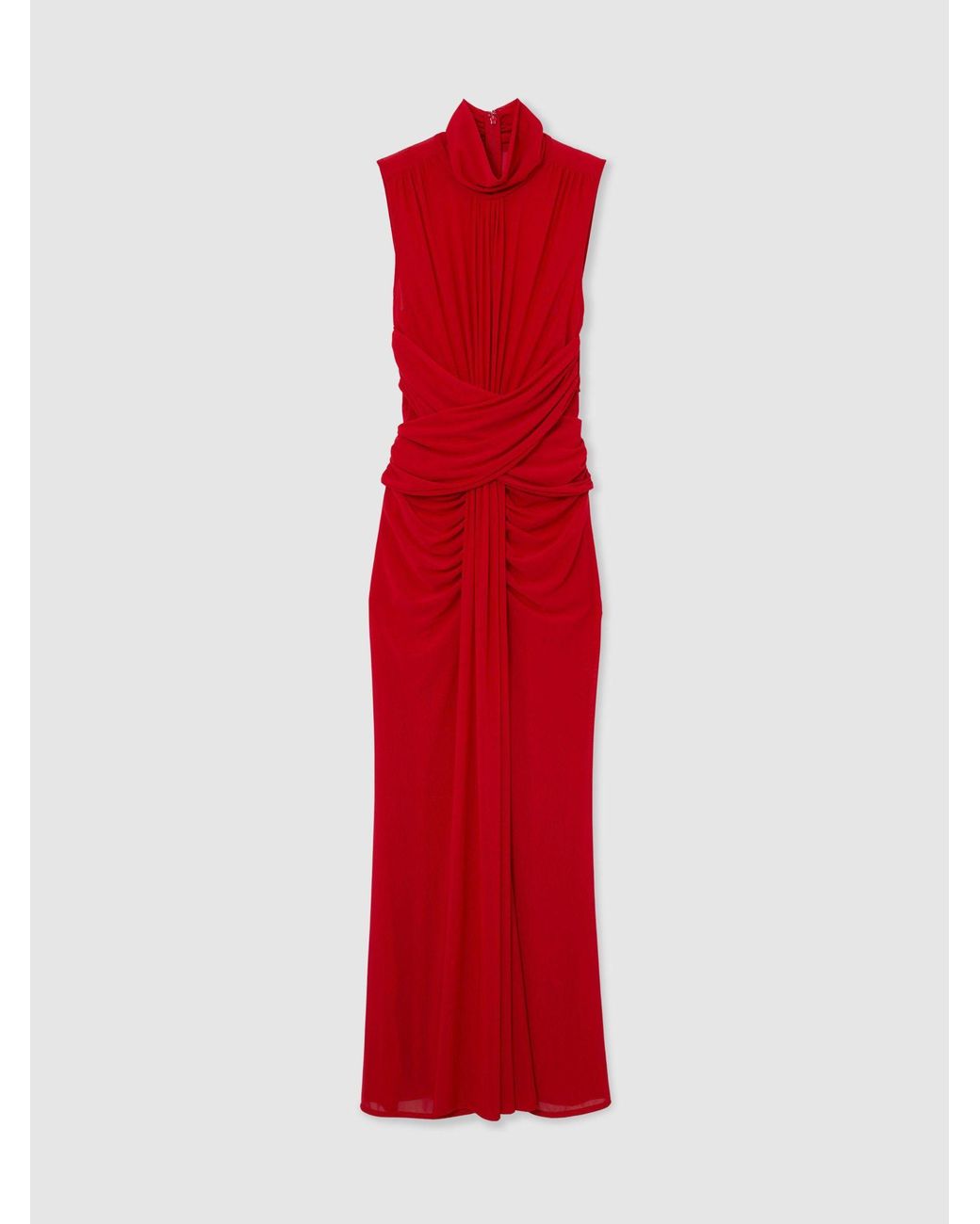 Reiss Red Petite Sheer Ruched Sleeveless Maxi Dress