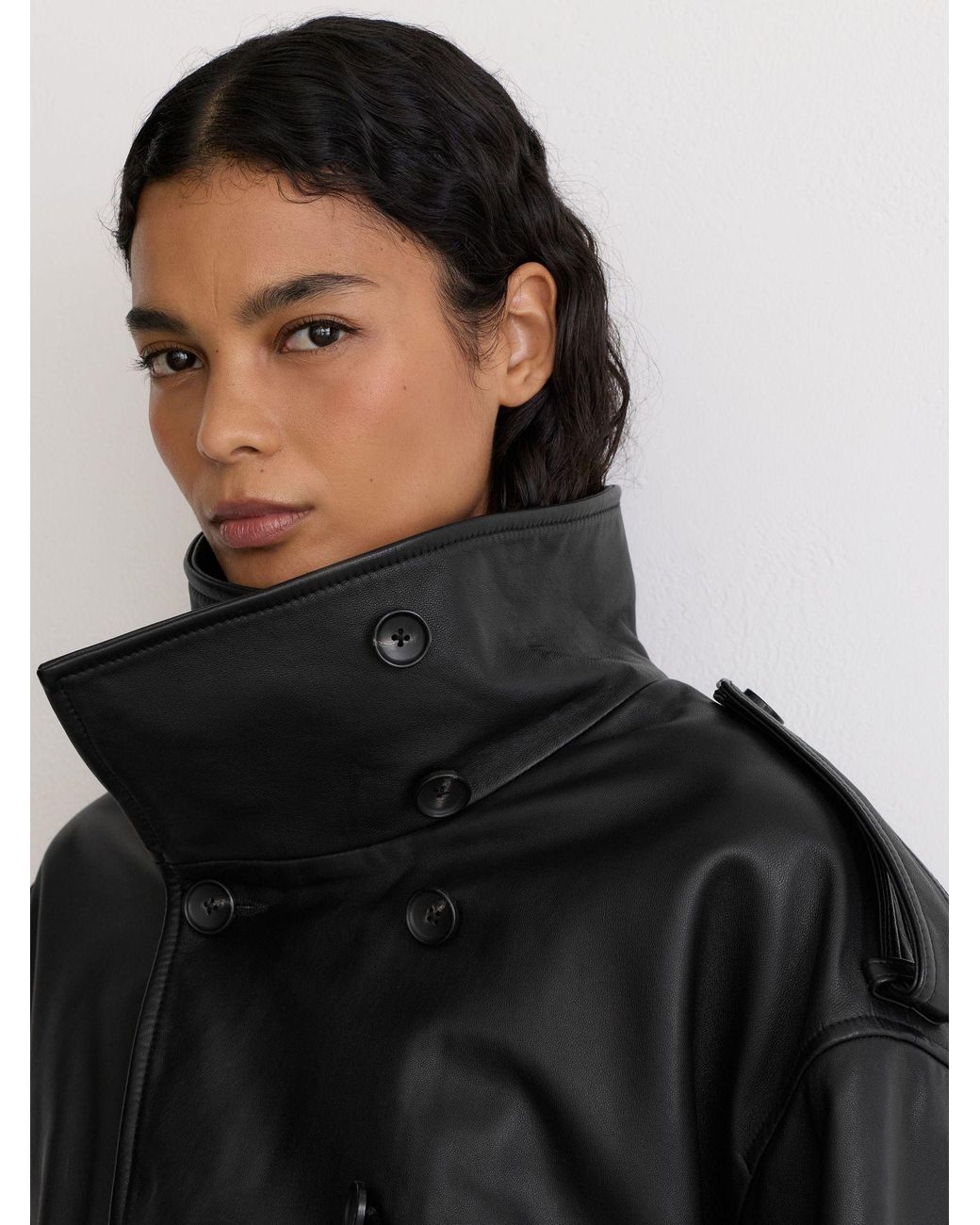 Reiss Gray Leather Belted Double-Breasted Jacket