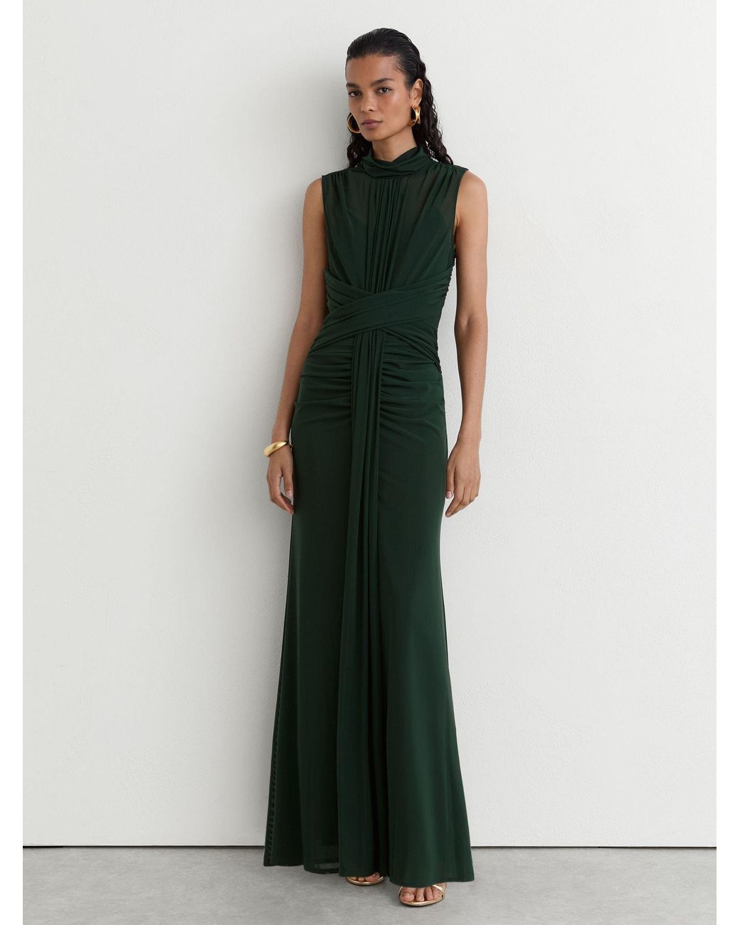 Reiss Green Sheer Ruched Sleeveless Maxi Dress