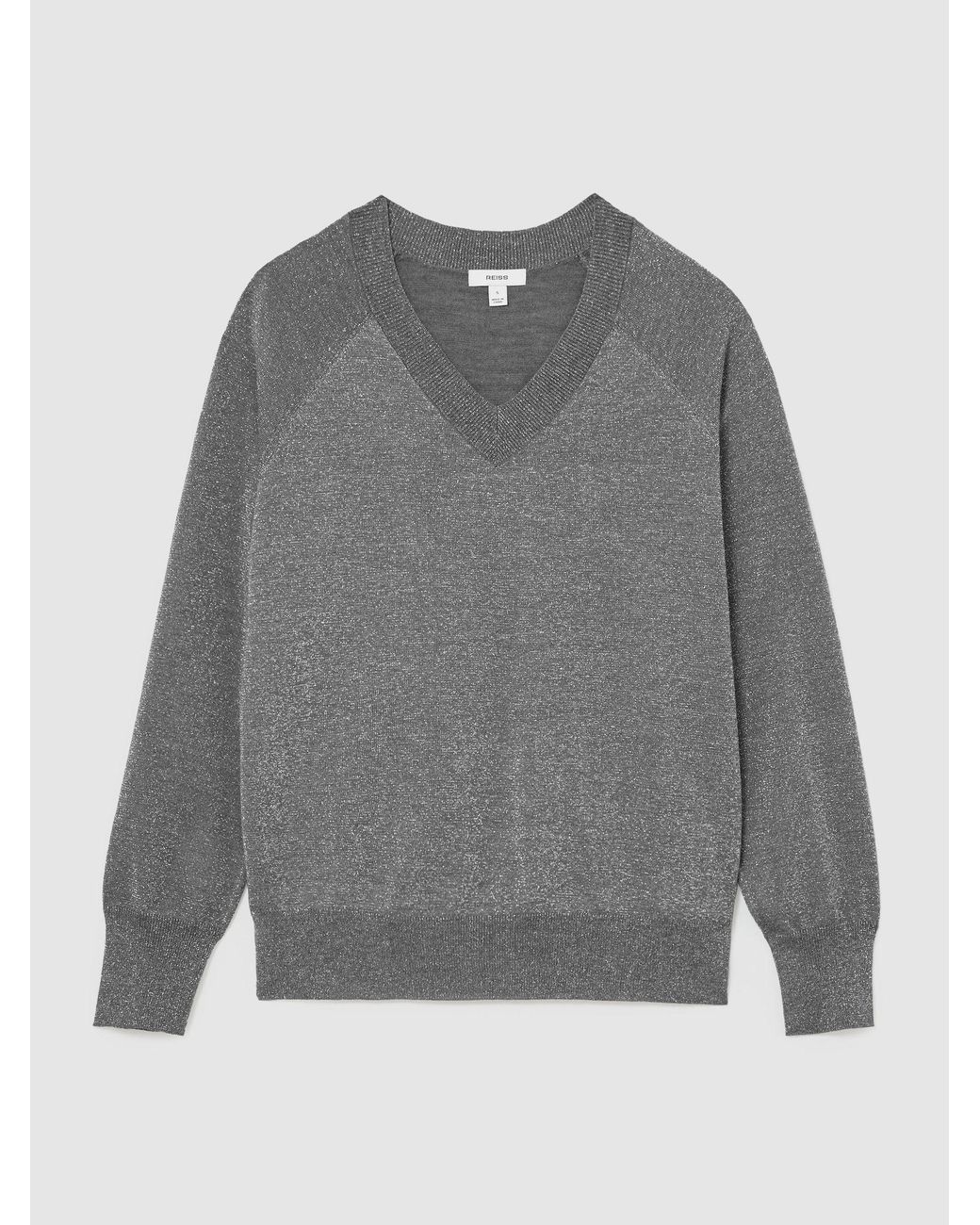 Reiss Gray Wool-Blend Metallic-Knit V-Neck Jumper