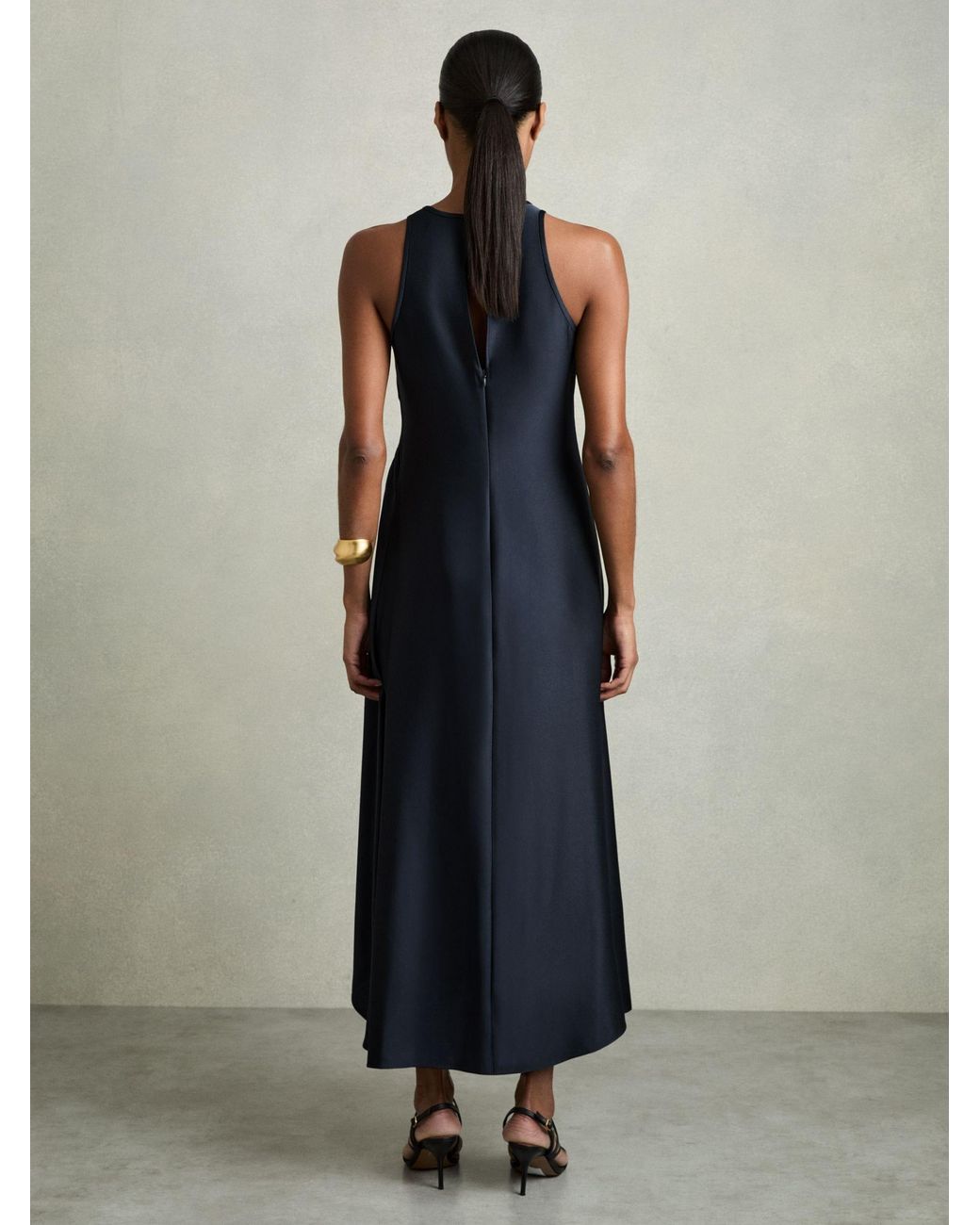 Reiss Anessa - Navy Petite Satin Shirred Midi Dress, Us 10 in Blue | Lyst