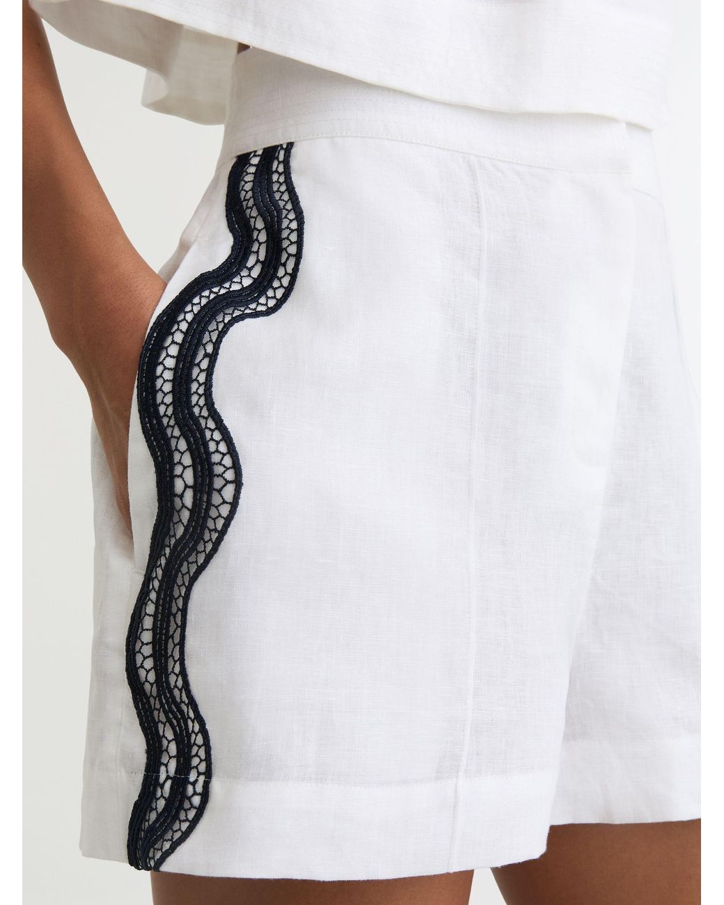 Reiss White Linen Scallop-Trim Shorts