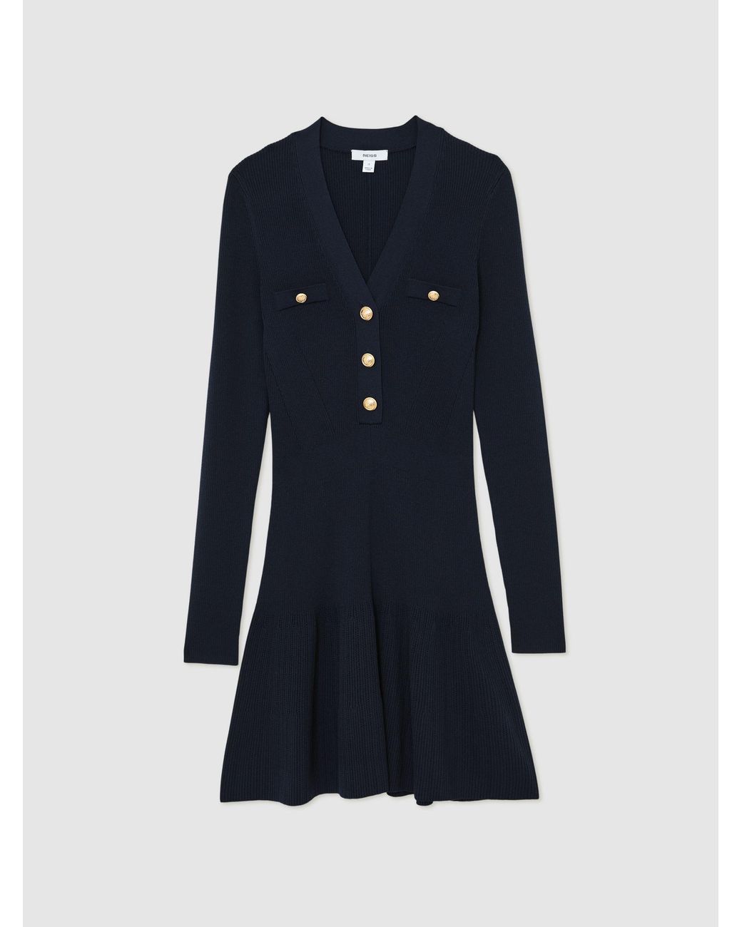 Reiss Blue Knitted Button-Detail Mini Dress