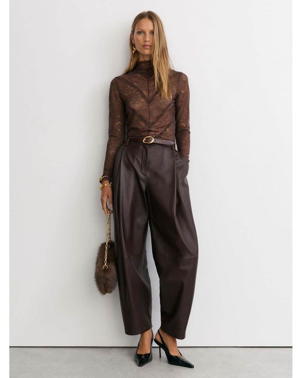 Reiss Brown Lace Long-Sleeve High-Neck Top