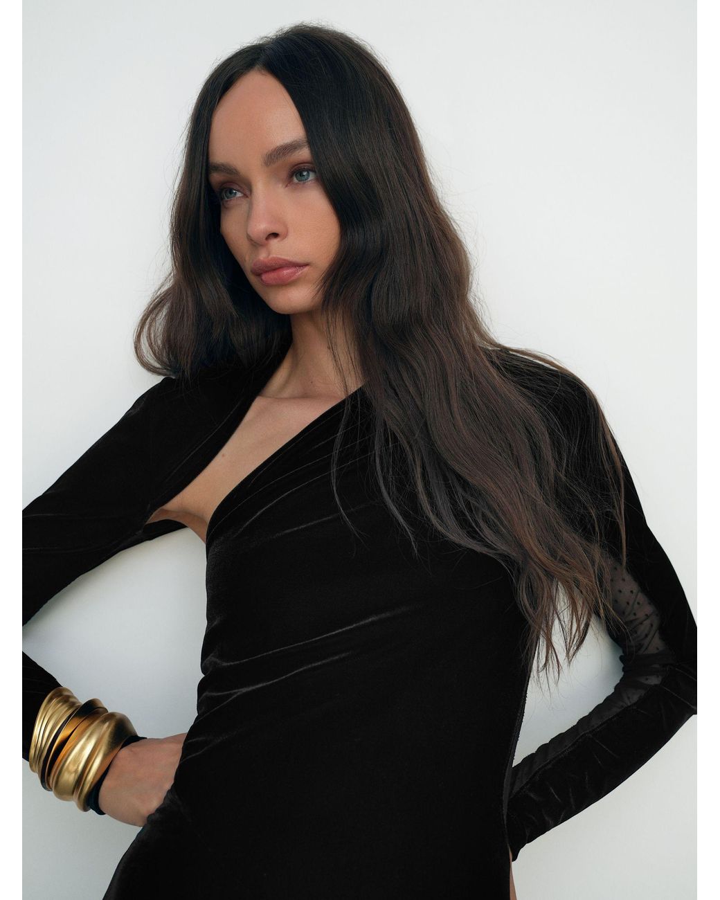 Reiss Black Velvet Sheer-Panel Cut-Out Midi Dress