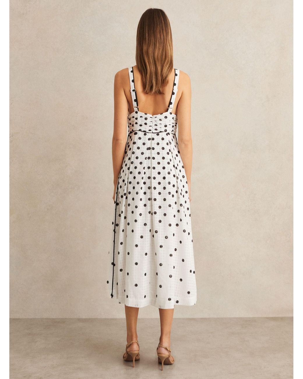 Reiss Natural Dottie - Black/white Polka Dot Midi Dress, Us 14