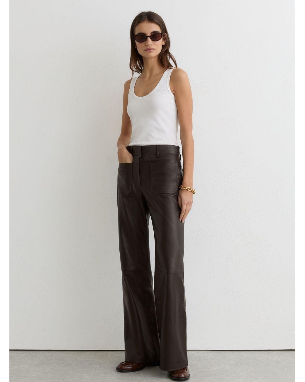 Reiss White Priya - Chocolate Brown Leather Patch-pocket Flared Trousers, Us 4 Regular