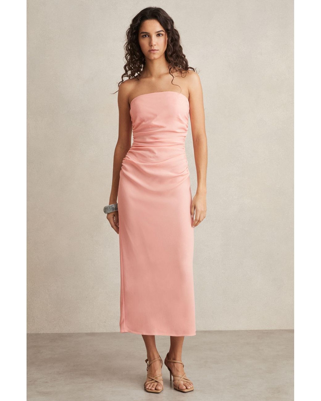 Reiss Pink Ruched Strapless Bodycon Dress