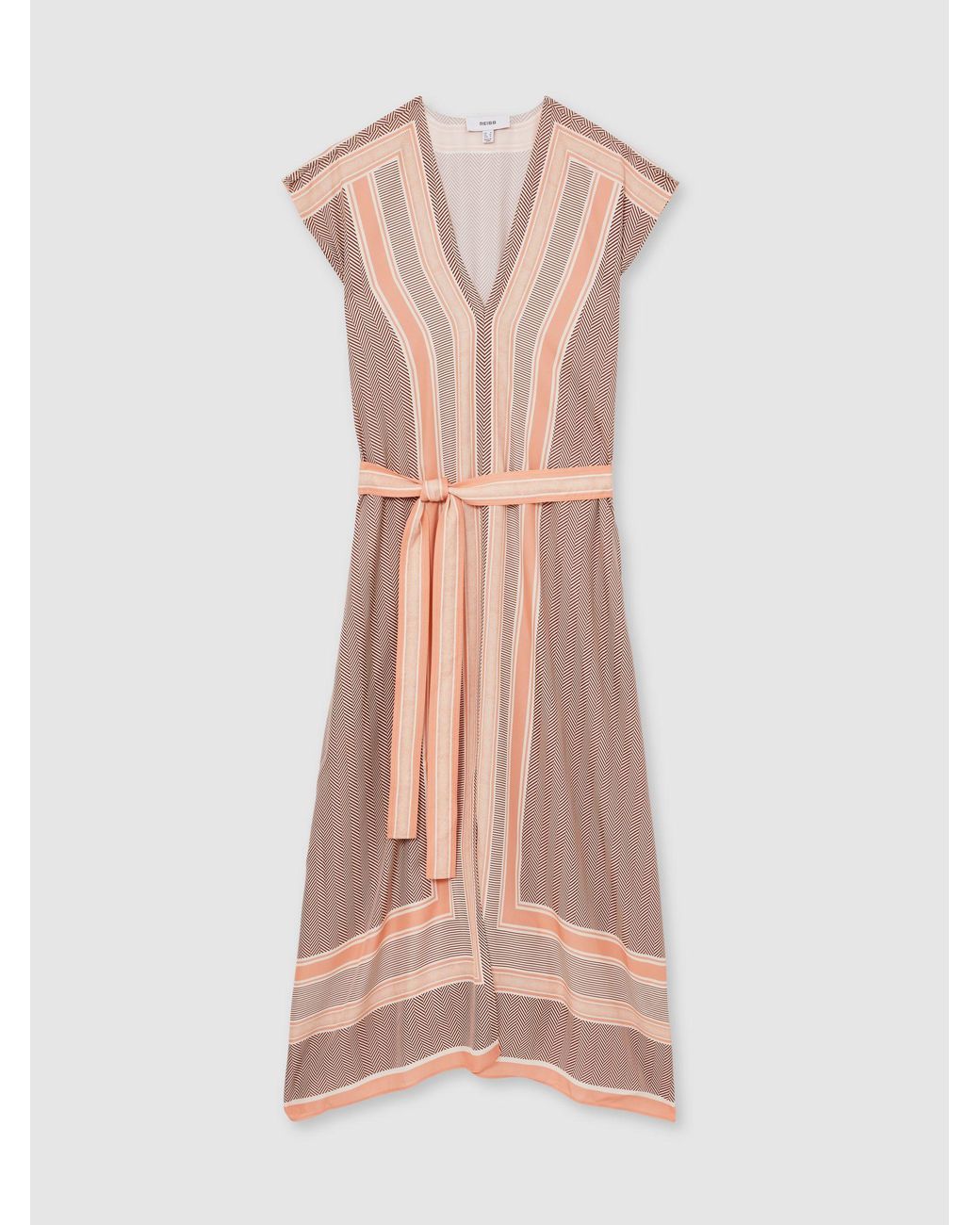 Reiss Gina - Coral Scarf Print Belted Midi Dress, Us 2 in Natural | Lyst