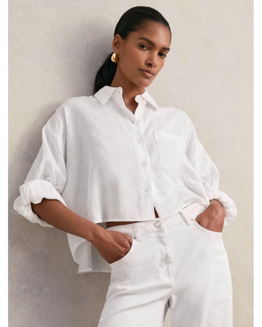 Reiss White Linen Oversize Cropped Shirt