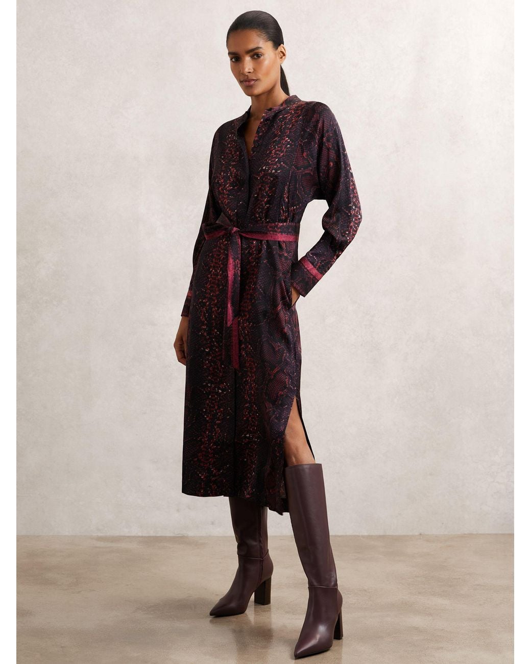 Reiss Natural Burgundy & Snake Print Belted Shirt Dress
