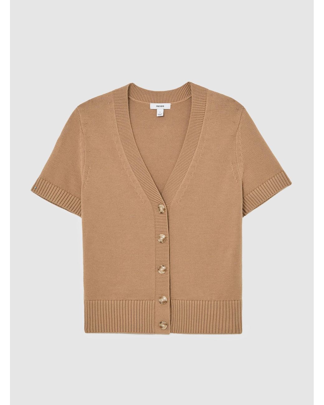 Reiss Natural V-Neck Short-Sleeve Cardigan Cotton-Wool