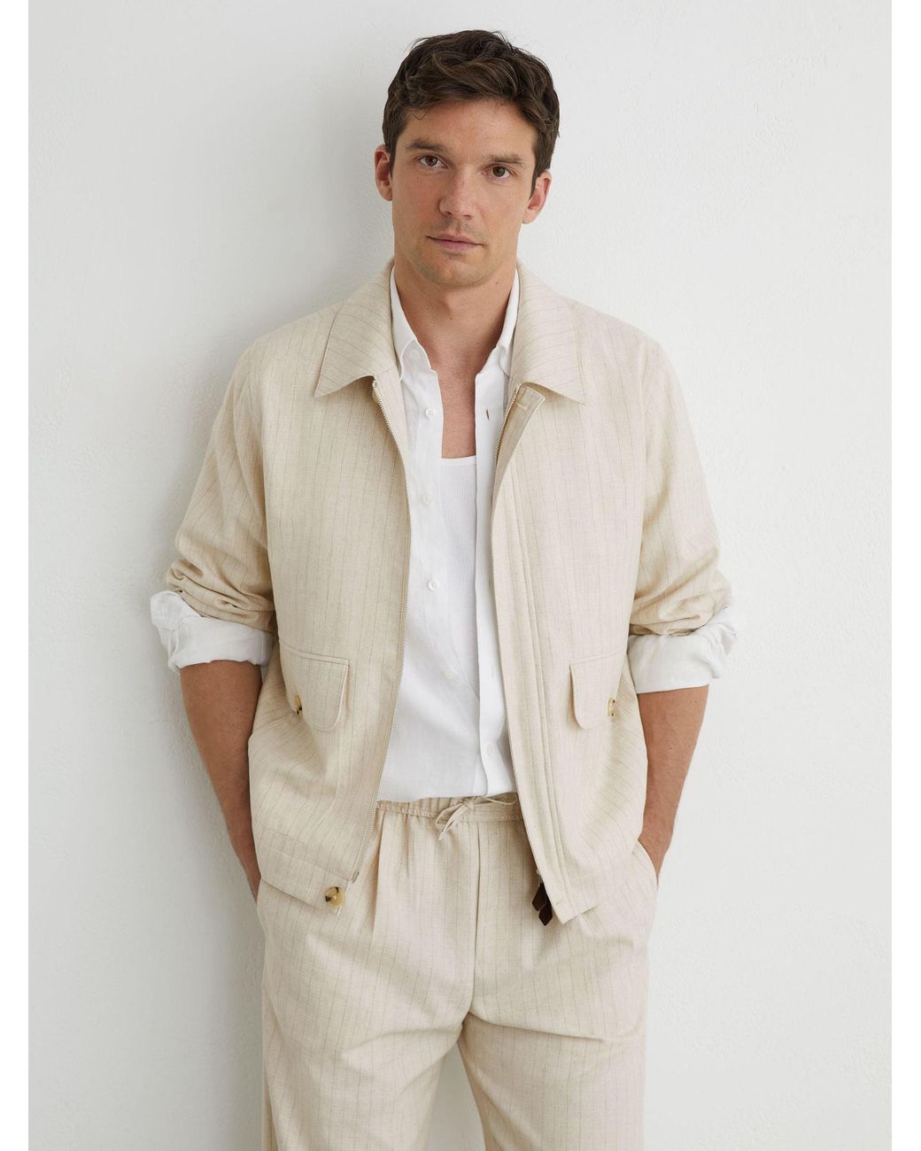 Reiss Natural Slayman - Off White Pinstripe Flap-pocket Jacket With Linen, M for men