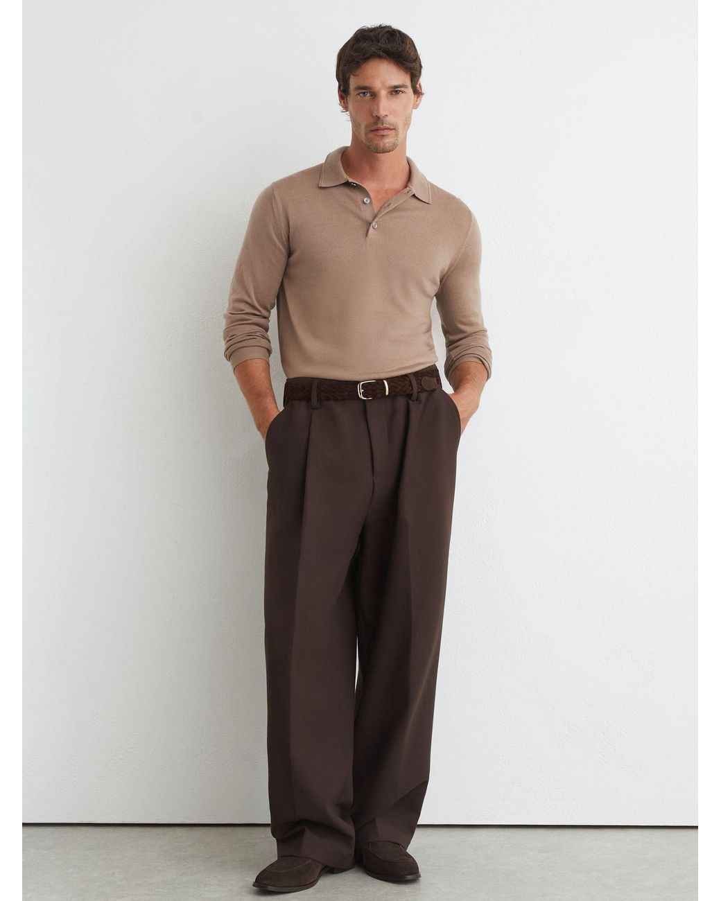 Reiss Brown Merino Wool Long-Sleeve Polo Shirt for men