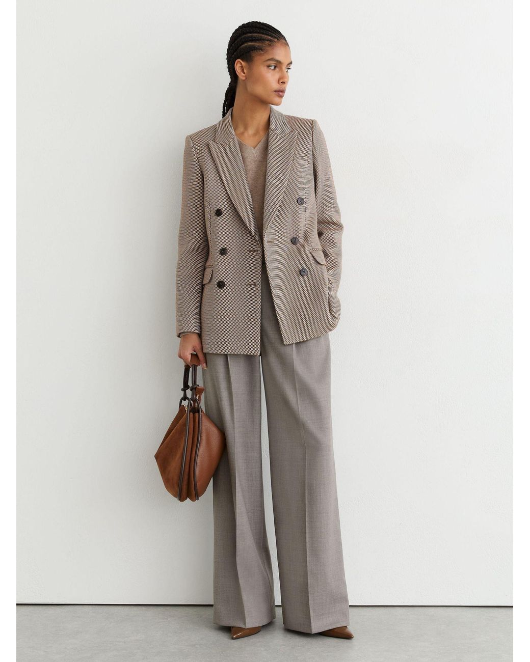 Reiss Multicolor Aubrey - Taupe Neutral Wool-blend Textured Double-breasted Blazer, Us 2