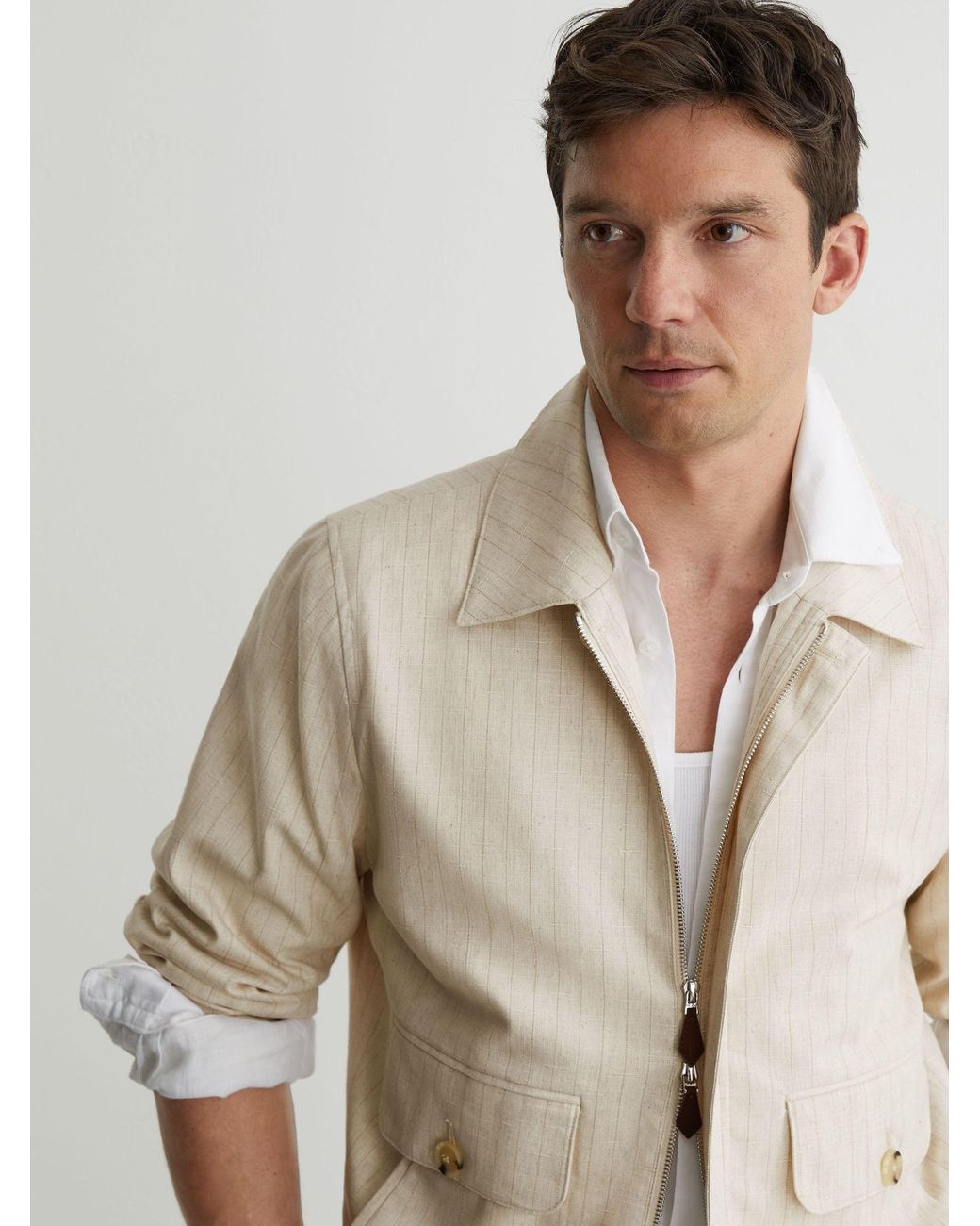 Reiss Natural Slayman - Off White Pinstripe Flap-pocket Jacket With Linen, M for men