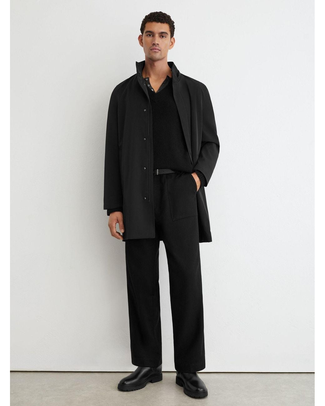 Reiss Black Hybrid Gilet-Insert Overcoat With Detachable Hood for men